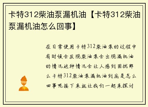 卡特312柴油泵漏机油【卡特312柴油泵漏机油怎么回事】